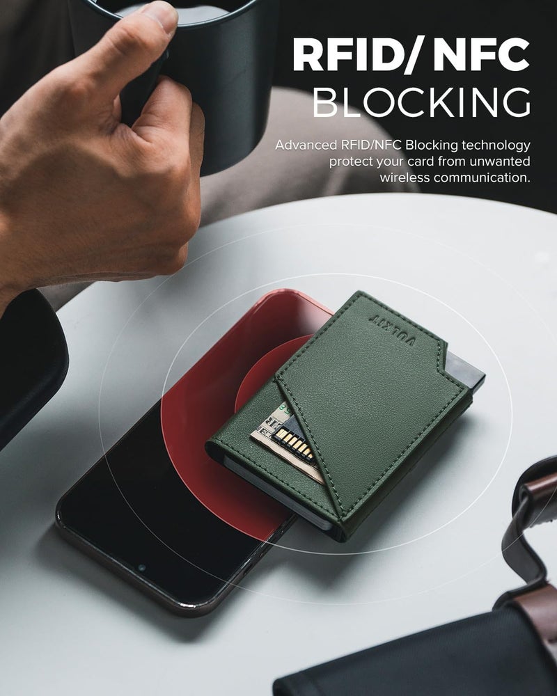 VULKIT Pop up Card Wallet RFID Blocking Slim Aluminum Metal Bank Card Holder Case with Business Money Pocket for Credit Cards Notes and Coins Green - Image 2